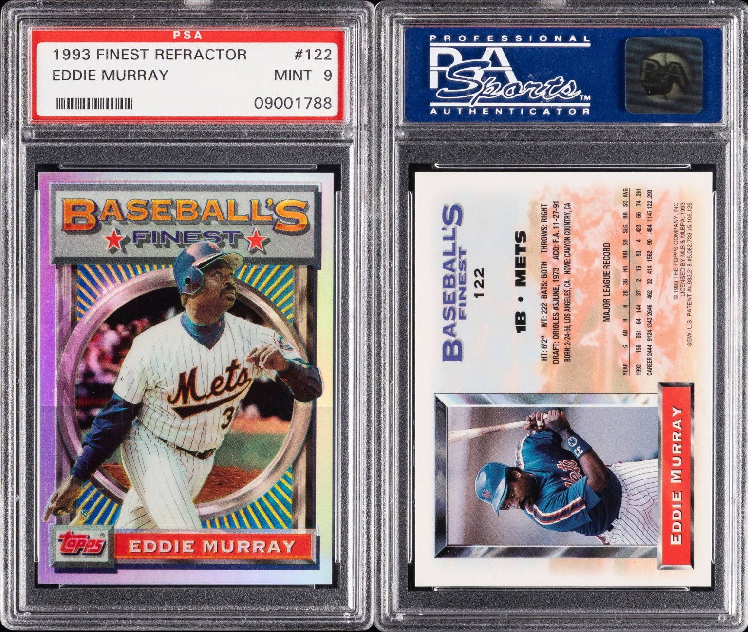 Front and back of the 1993 Finest Eddie Murray Refractor, graded PSA 9