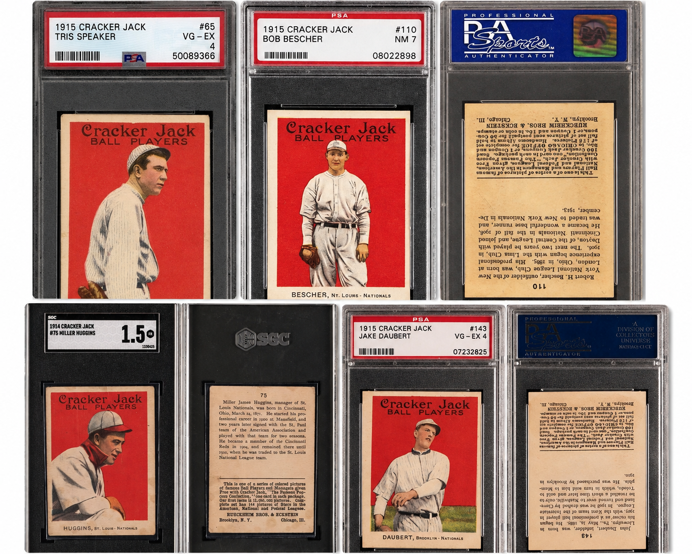 Miller Huggins, Jake Daubert, Bob Bescher, and Tris Speaker Cracker Jack cards