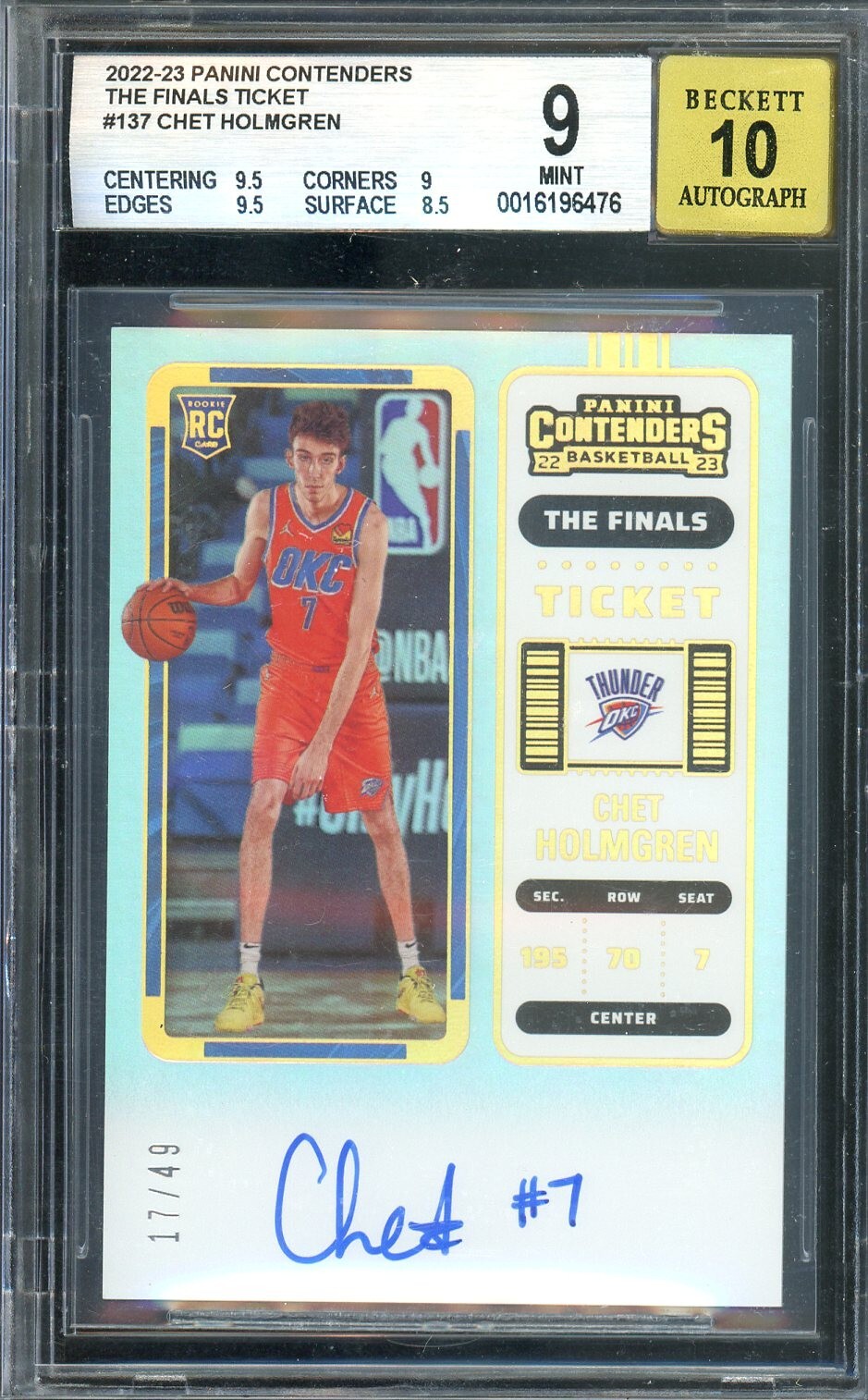 2022-23 Panini Contenders #137 Chet Holmgren The Finals Ticket BGS 9 #/49 ROOKIE