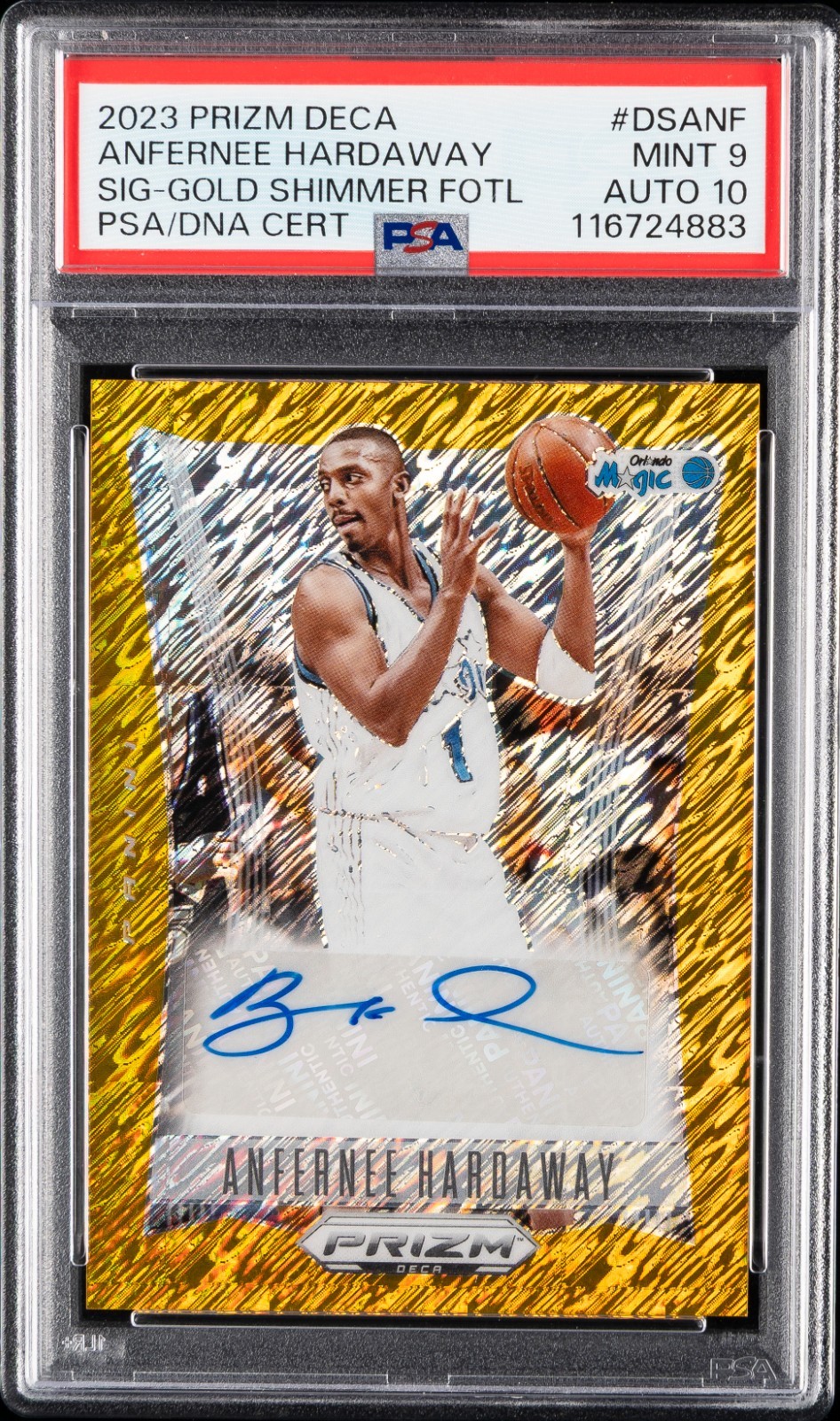 2023 Prizm Deca Anfernee Hardaway Signature Gold Shimmer FOTL PSA 9 Auto 10 /10