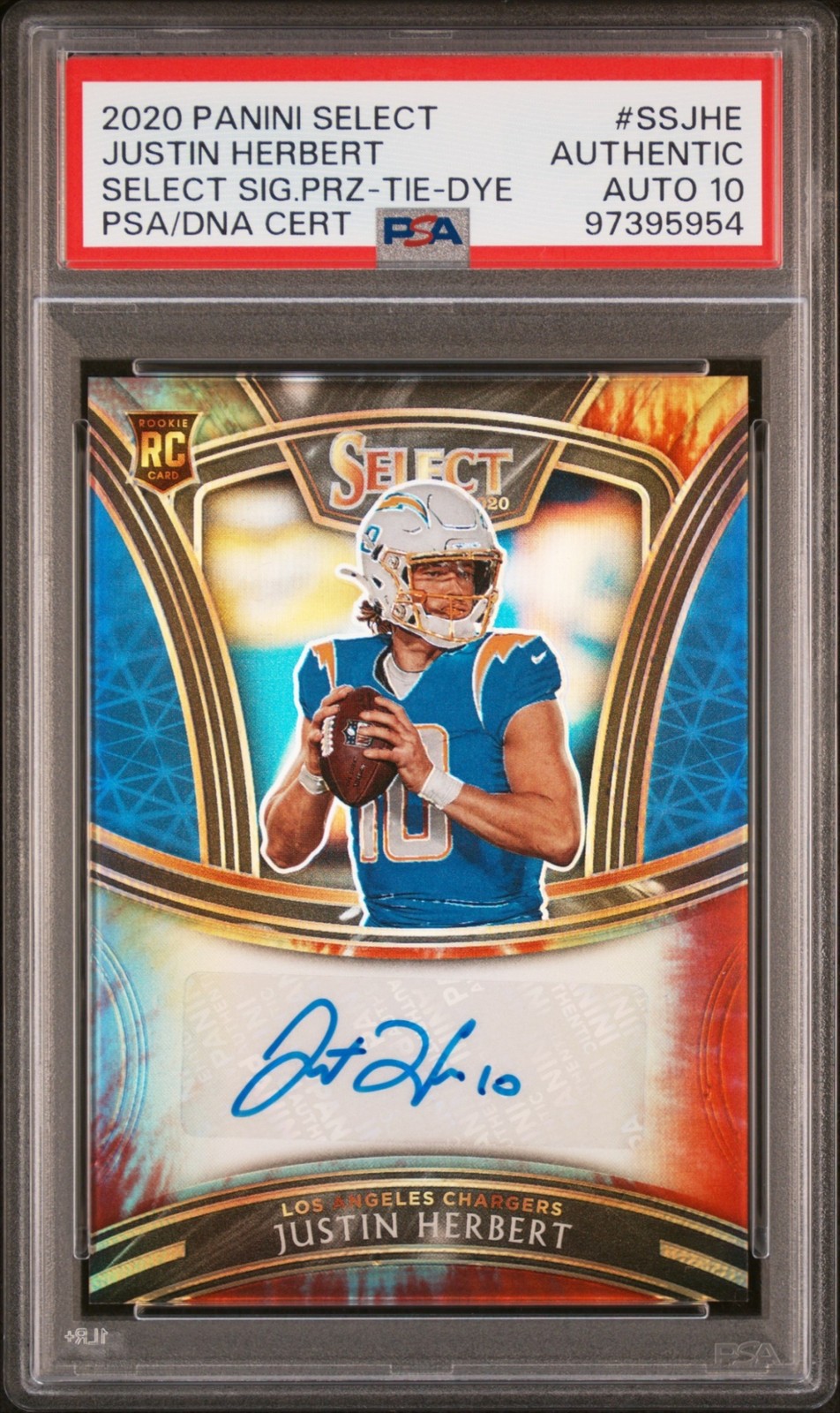 2020 Panini Select Justin Herbert Signatures Tie Dye Prizm /15 Auto RC PSA AUTH