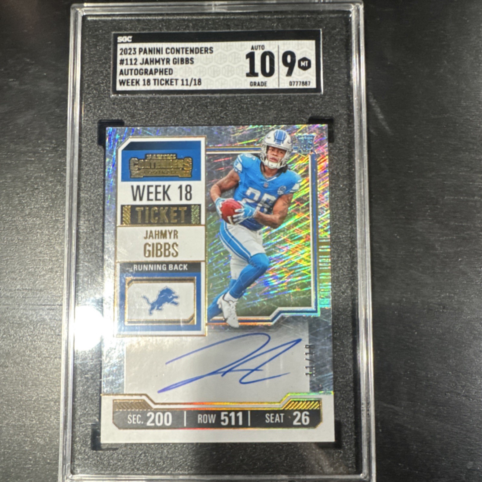 2023 Panini Contenders Rookie Ticket AUTO Jahmyr Gibbs #112 Week 18 /18 PSA 8