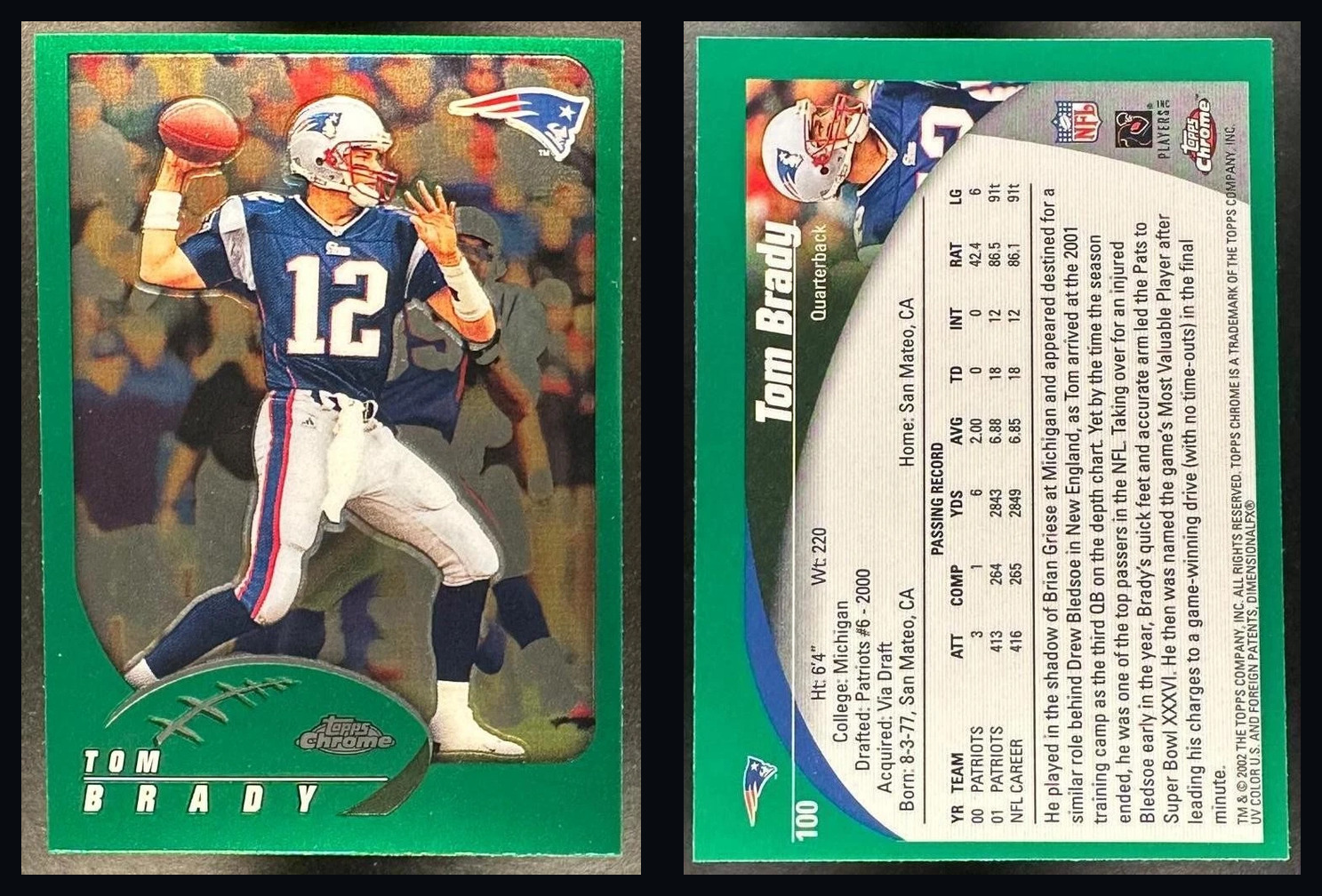 Front and back of the raw 2002 Topps Chrome Tom Brady number 100 card