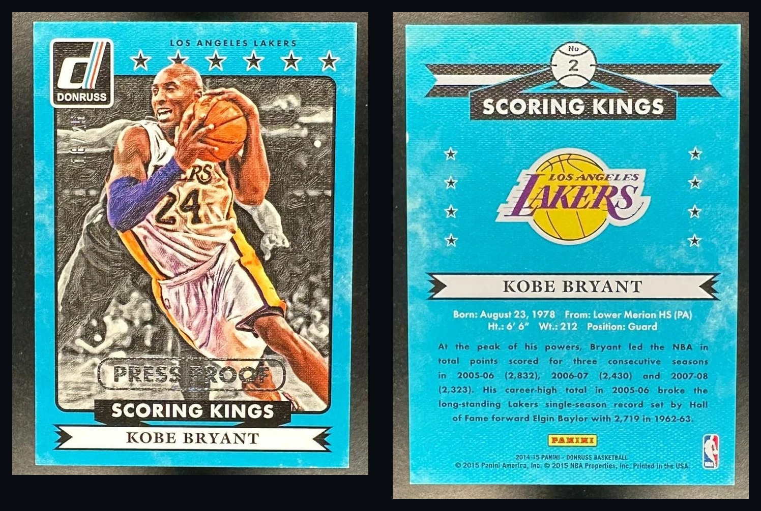 Front and back of the raw 2014 Donruss Kobe Bryant Scoring Kings Press Proof Silver card numbered to 25