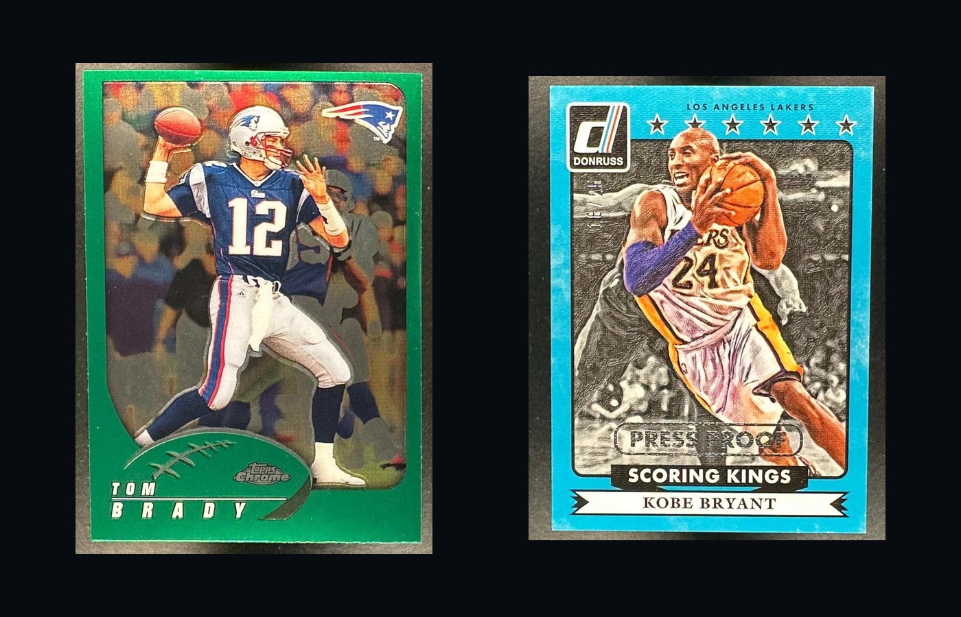 2002 Topps Chrome Tom Brady and 2014 Donruss Kobe Bryant Scoring Kings Silver Press Proof cards