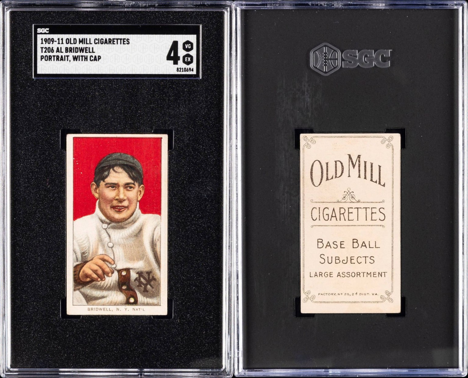 Front and Old Mill back of the T206 Al Bridwell card, graded SGC 4