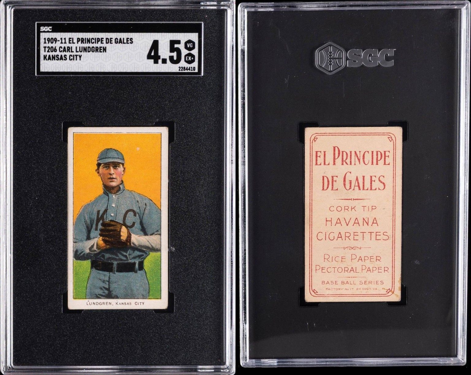 Front and El Principe de Gales back of the T206 Carl Lundgren card, graded SGC 4.5