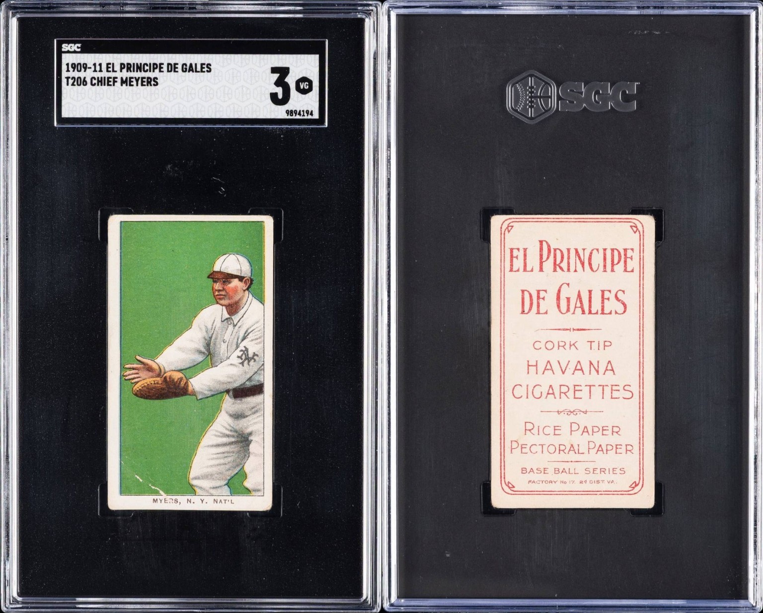 Front and El Principe de Gales back of the T206 Chief Meyers card, graded SGC 3
