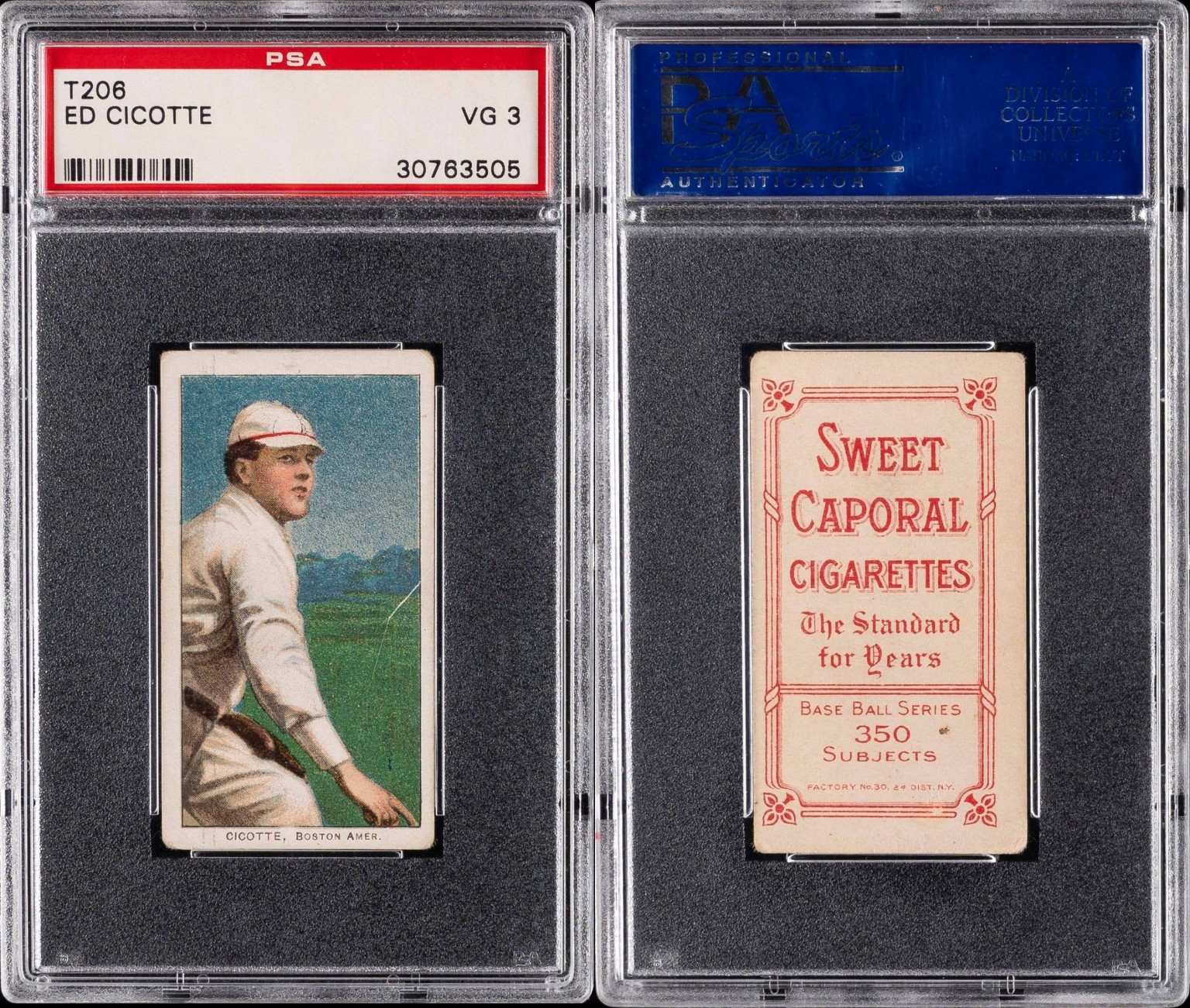 Front and Sweet Caporal back of the T206 Ed Cicotte card, graded PSA 3