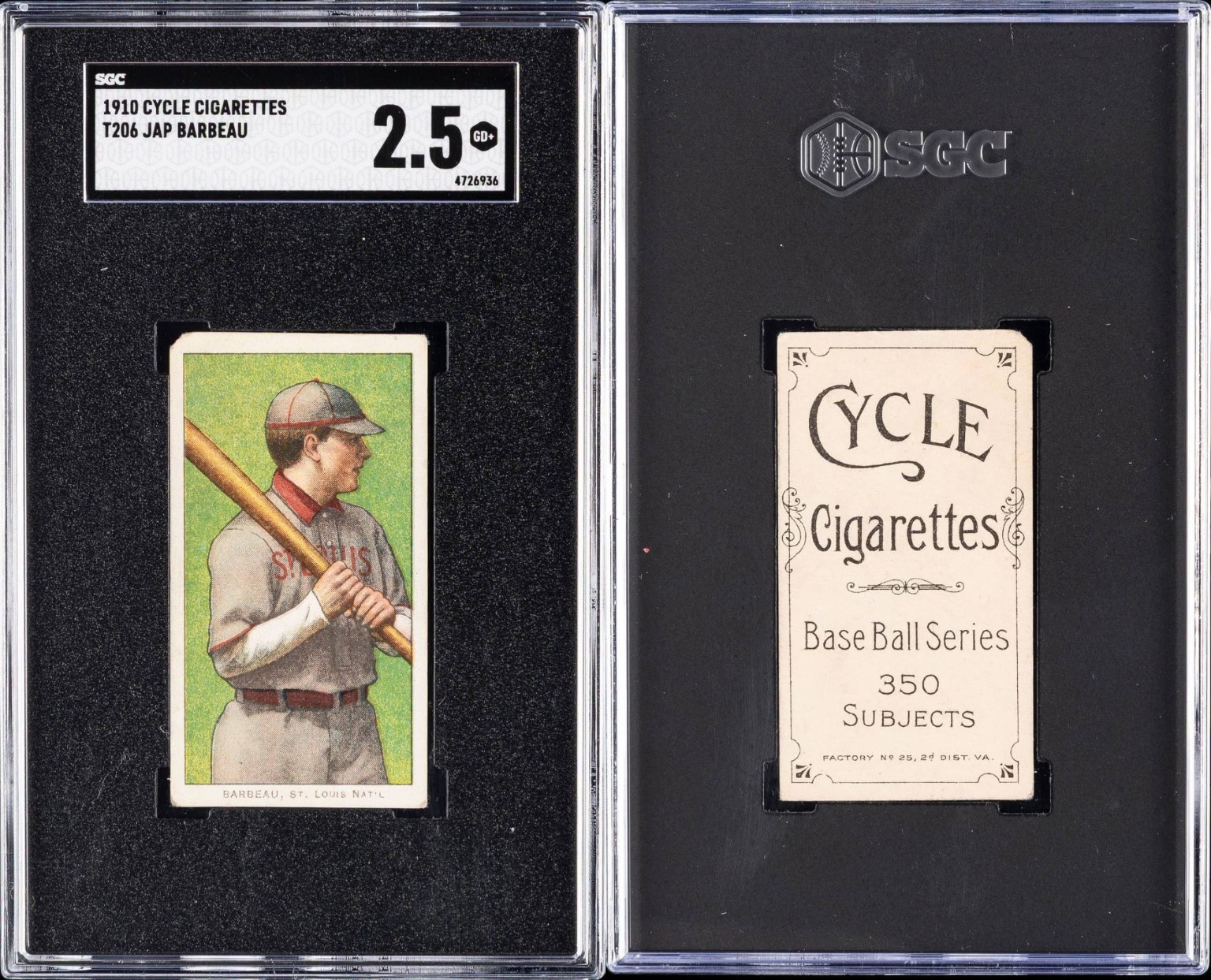 Front and Cycle back of the T206 Jap Barbeau card, graded SGC 2.5