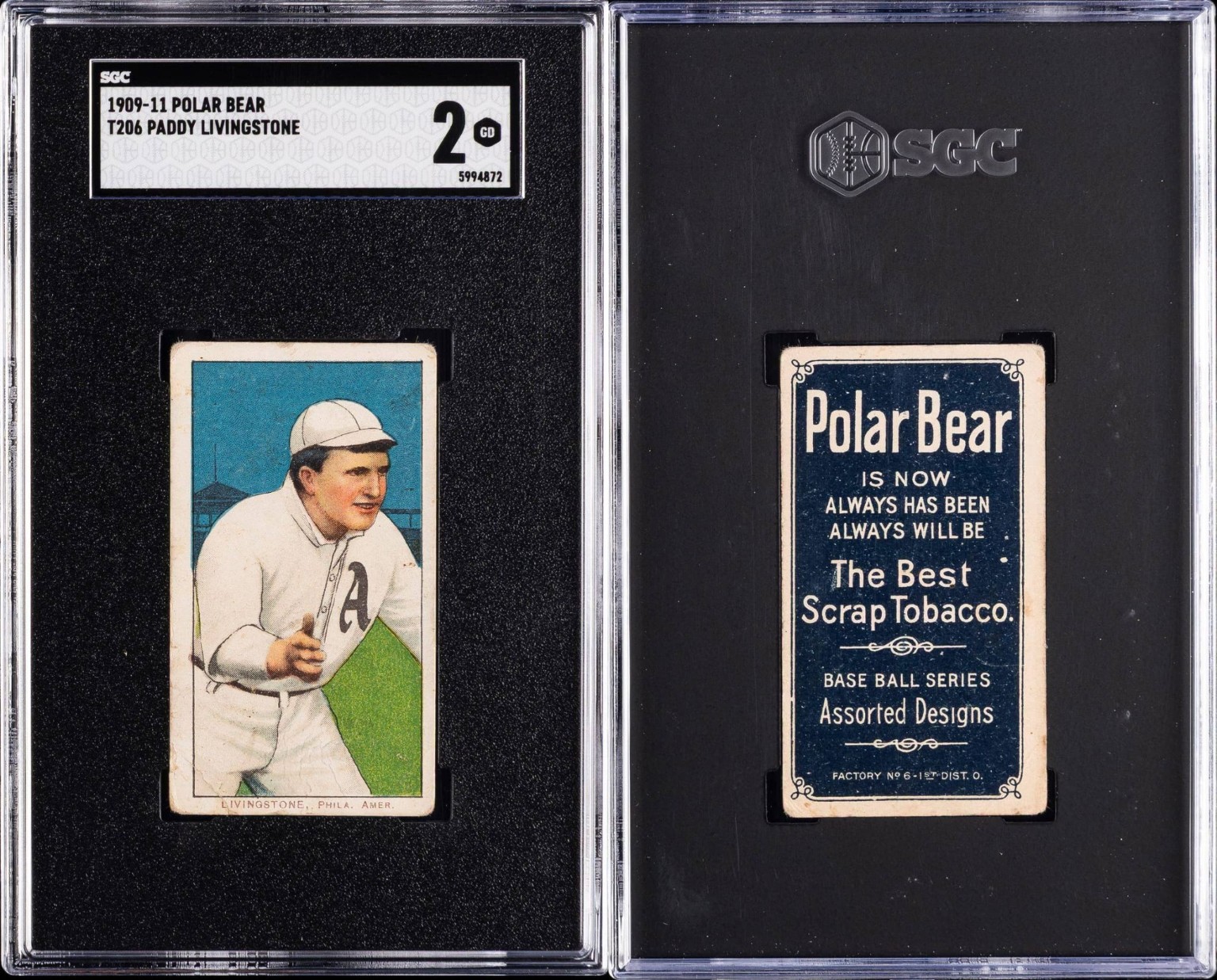 Front and Polar Bear back of the T206 Paddy Livingstone card, graded SGC 2