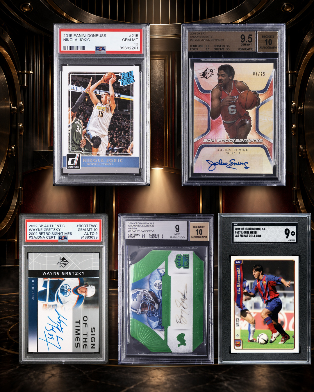 Five graded sports cards featuring Nikola Jokic, Julius Erving, Wayne Gretzky, Barry Sanders, and Lionel Messi displayed inside a dramatic collector's vault