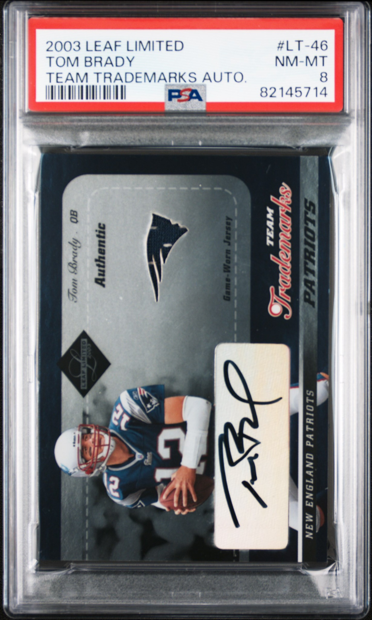 2003 Leaf Limited Tom Brady Team Trademarks Auto Game-Worn Jersey /50 #LT-46 PSA 8